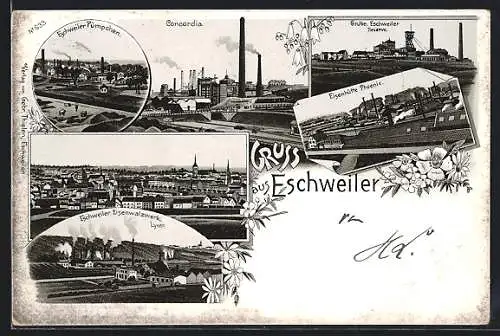 Lithographie Eschweiler, Zeche Concordia und Grube Eschweiler Reserve, Eisenwalzwerk, Eisenhütte Phoenix