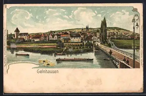 Lithographie Gelnhausen, Panoramablick über die Kinzig auf die Ortschaft