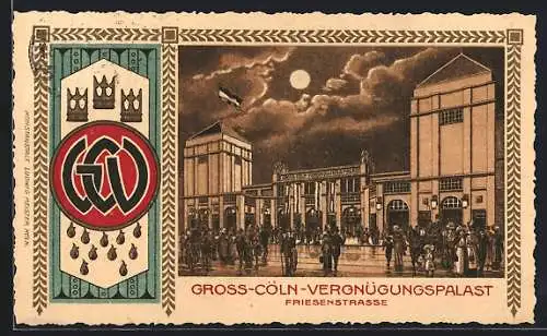 Lithographie Köln, Cafe Vergnügungspalast in der Friesenstrasse bei Mondschein