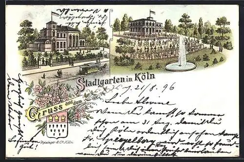 Lithographie Köln-Neustadt, Hotel mit Strassenbahn und Gasthaus an Stadtgarten