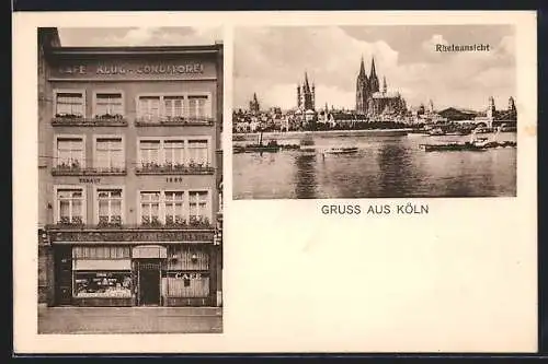 AK Köln am Rhein, Cafe Klug am Altermarkt 50-52, Rheinansicht mit Dom