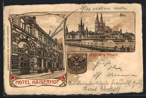 Lithographie Köln, Hotel Kaiserhof, Ortsansicht, Wappen