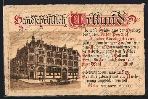 Lithographie Köln, Hotel Alter Posthof mit Pferdebahn, Kreuzgasse Ecke Glockengasse