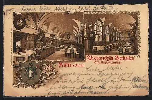 Künstler-AK Köln a. Rhein, Gasthaus Pschorrbräu-Bierhallen, Innenansicht, Wappen