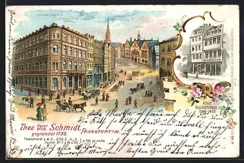 Lithographie Alt-Frankfurt, Geschäftshaus Thee Schmidt mit Nicolaikirche und Römer