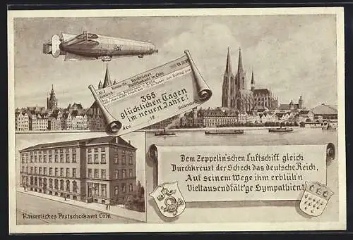 Künstler-AK Köln, Kaiserliches Postamt, Dom und Luftschiff Zeppelin