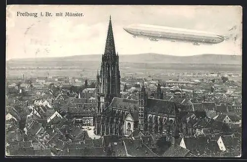 AK Freiburg / Breisgau, Zeppelin über dem Münster