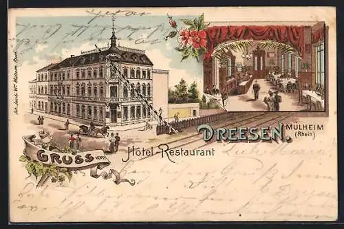 Lithographie Mülheim /Rhein, Hotel-Restaurant Dreesen mit Innenansicht