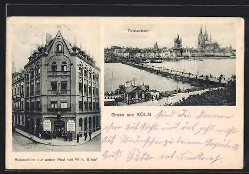 AK Köln, Restaurant zur neuen Post von Wilh. Strauf, Stadtansicht