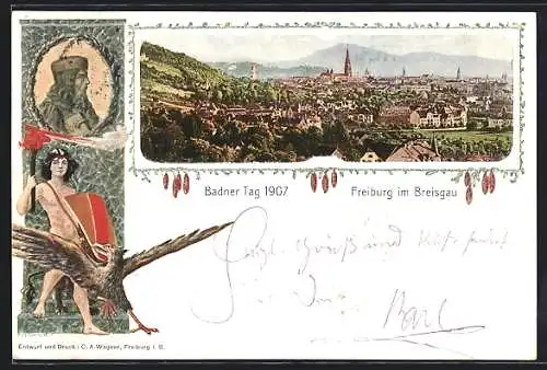 Lithographie Freiburg im Breisgau, Badner Tag 1907, Stadtansicht in Passepartout mit Fackelträger und Adler