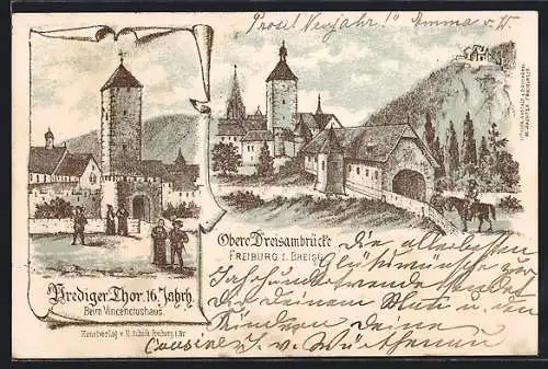 Künstler-AK Freiburg i. B., Obere Dreisambrücke und Prediger-Thor im 16. Jahrh.