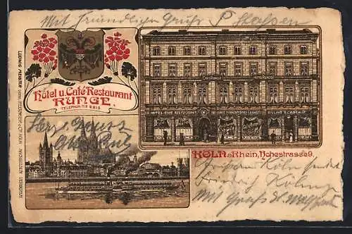 Lithographie Köln a. Rhein, Hotel & Cafe-Restaurant Runge, Hohestrasse 9