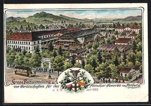 Lithographie Freiburg i. Breisgau, Grosse Fach-Ausstellung v. Gerätschaften für das Fleischer-Gewerbe 1905