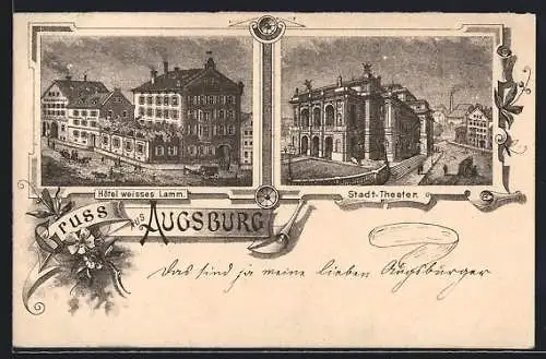 Lithographie Augsburg, Hotel weisses Lamm und Stadt-Theater