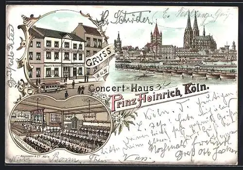 Lithographie Köln, Concert-Haus Prinz Heinrich, Strassenbahn, Dom