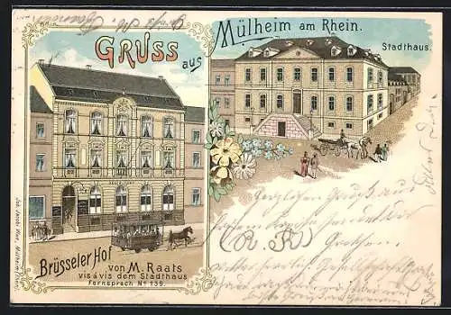 Lithographie Mülheim am Rhein, Gasthof Brüsseler Hof v. M. Raats, Pferdebahn, Stadthaus