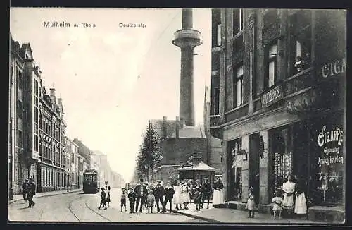 AK Mülheim a. Rhein, Cigarren- und Ansichtskarten-Handlung, Strassenbahn, Deutzerstrasse