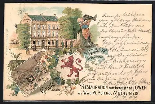 Lithographie Mülheim a. Rh., Restauration zum bergischen Löwen v. Wwe. Peters