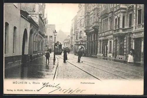 AK Mülheim a. Rhein, Strassenbahn in der Freiheitstrasse