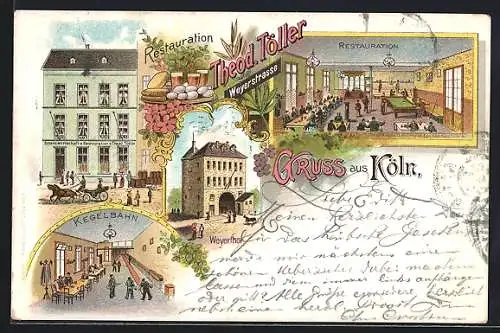 Lithographie Köln, Restaurant Theodor Töller, Weyerstrasse, Kegelbahn