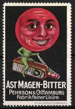 Reklamemarke Ast Magen-Bitter, Pehrson & Co., Hamburg, Fabrik feiner Liköre, Mars mit Gesicht reitet eine Likörflasche