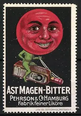 Reklamemarke Ast Magen-Bitter, Pehrson & Co., Hamburg, Fabrik feiner Liköre, Mars mit Gesicht reitet eine Likörflasche