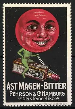 Reklamemarke Ast Magen-Bitter, Pehrson & Co., Hamburg, Fabrik feiner Liköre, Mars mit Gesicht reitet eine Likörflasche