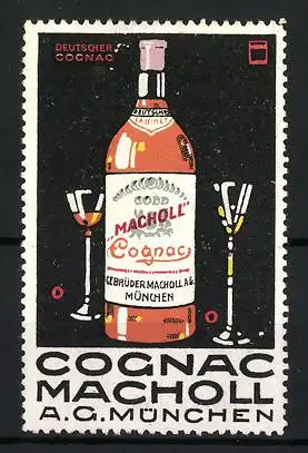 Künstler-Reklamemarke Ludwig Hohlwein, Cognac Macholl AG, München, Likörflasche mit zwei Gläsern