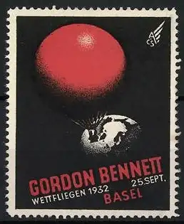 Reklamemarke Basel, Wettfliegen 1932, Gordon Bennett, Ballon trifft auf Erdkugel