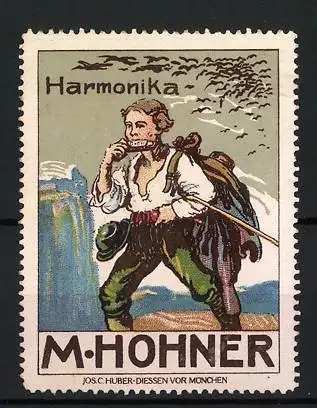 Reklamemarke Harmonika von M. Hohner, Wanderer spielt auf einer Harmonika