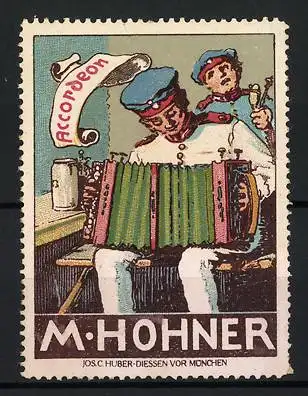 Reklamemarke Accordeon von M. Hohner, Soldat spielt auf einem Akkordeon