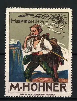 Reklamemarke Harmonika von M. Hohner, Wanderer spielt auf einer Mundharmonika