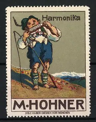 Reklamemarke Harmonika von M. Hohner, Knabe in Tracht