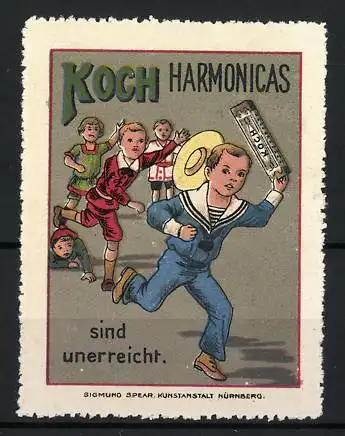 Reklamemarke Koch Harmonicas sind unerreicht, Knabe flieht mit Mundharmonika in der Hand