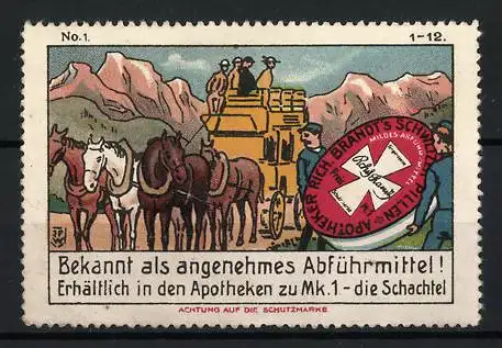 Künstler-Reklamemarke Johann Peter Werth, Apotheker Rich. Brandt`s Schweizer Pillen, Abführmittel, Postkutsche