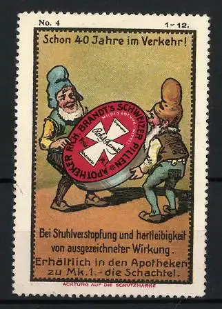 Künstler-Reklamemarke Johann Peter Werth, Apotheker Rich. Brandt`s Schweizer Pillen, Abführmittel, Zwerge mit Dose