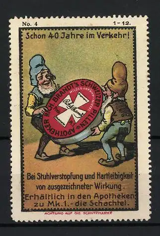 Künstler-Reklamemarke Johann Peter Werth, Apotheker Rich. Brandt`s Schweizer Pillen, Abführmittel, Zwerge mit Dose