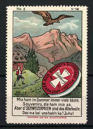 Künstler-Reklamemarke Johann Peter Werth, Apotheker Rich. Brandt`s Schweizer Pillen, Abführmittel, Bube und Adler