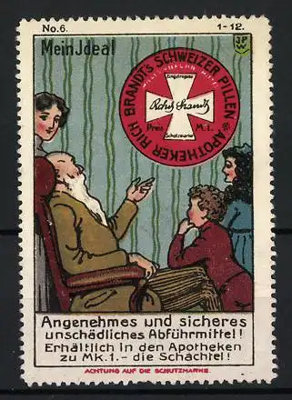 Künstler-Reklamemarke Johann Peter Werth, Apotheker Rich. Brandt`s Schweizer Pillen, Abführmittel, Familie