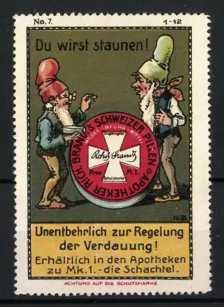 Künstler-Reklamemarke Johann Peter Werth, Apotheker Rich. Brandt`s Schweizer Pillen, Abführmittel, Zwerge mit Dose