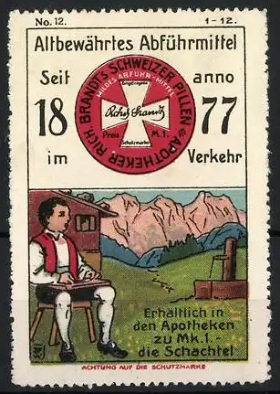 Künstler-Reklamemarke Johann Peter Werth, Apotheker Rich. Brandt`s Schweizer Pillen, Abführmittel, Mann spielt Zither