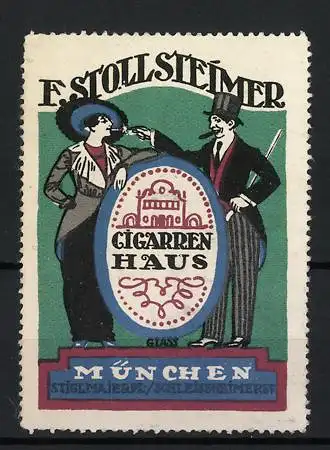 Künstler-Reklamemarke Franz Paul Glass, Cigarrenhaus F. Stollsteimer, München, Paar mit Zigarette und Zigarre