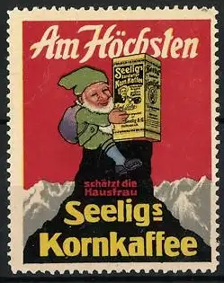 Reklamemarke Seelig`s Kornkaffee, Kaffeezusatz, Zwerg mit Schachte auf Berggipfel