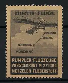 Reklamemarke Hirth-Flüge Berlin-Leipzig-Nürnberg-München, Rumpler-Flugzeuge mit Metzeler Fliegerstoff