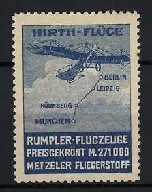 Reklamemarke Hirth-Flüge Berlin-Leipzig-Nürnberg-München, Rumpler-Flugzeuge mit Metzeler Fliegerstoff