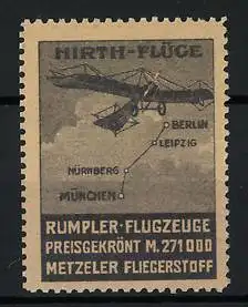 Reklamemarke Hirth-Flüge Berlin-Leipzig-Nürnberg-München, Rumpler-Flugzeuge mit Metzeler Fliegerstoff