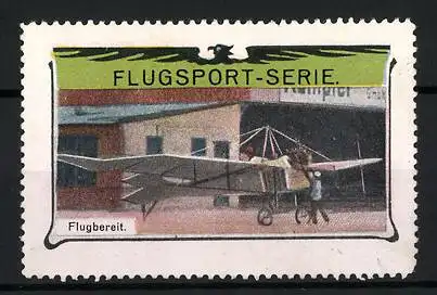 Reklamemarke Flugsport-Serie: Flugbereit, altes Flugzeug auf dem Platz