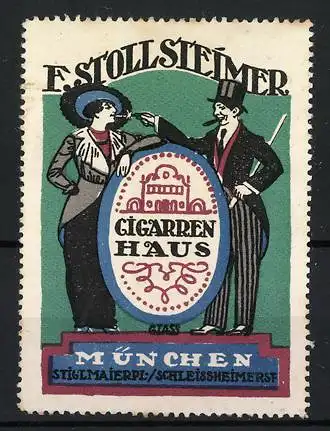 Künstler-Reklamemarke Franz Paul Glass, Cigarrenhaus F. Stollsteimer, München, Paar beim Rauchen