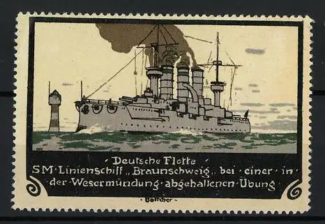 Künstler-Reklamemarke Böttcher, Deutsche Flotte, SMS Linienschiff Braunschweig bei einer Übung