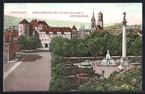 AK Stuttgart, Schlossplatz mit altem Schloss & Stiftskirche